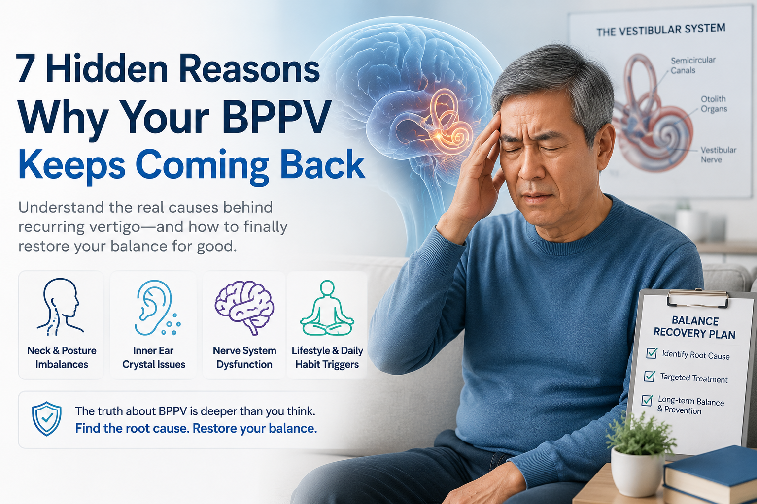 Recurring BPPV causes infographic showing vertigo symptoms, inner ear balance system, neck posture issues, nerve dysfunction, and long-term balance recovery strategies.