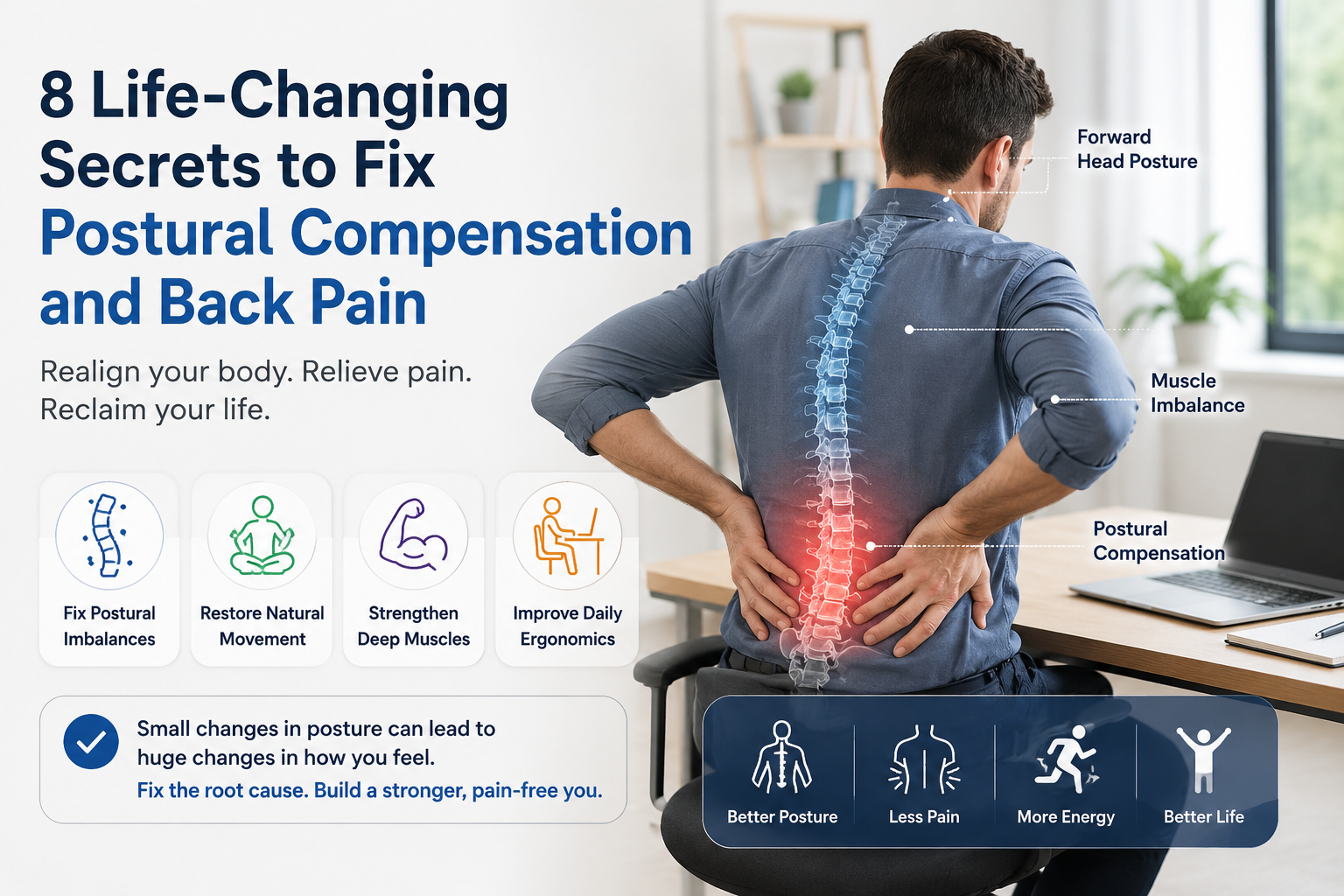 Postural compensation and back pain infographic showing spinal alignment, muscle imbalance, poor posture, chronic lower back pain, and natural posture correction methods.