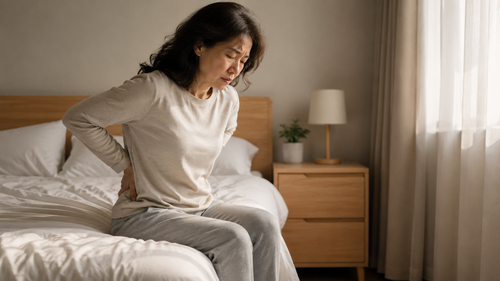 Woman sitting on bed holding her back due to whole-body aches and chronic pain